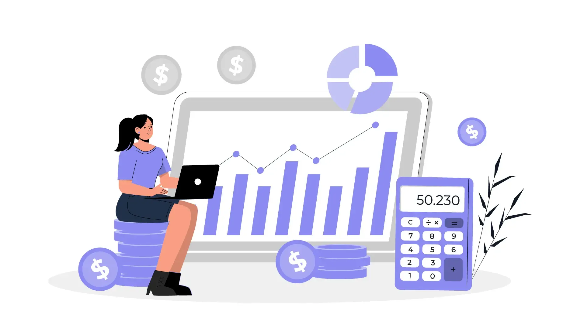 Woman Handling Financial Calculations and Management on Laptop 2D Illustration